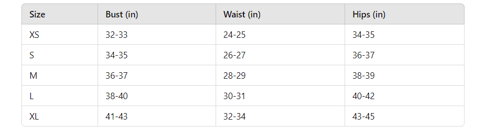 Example of sizing chart