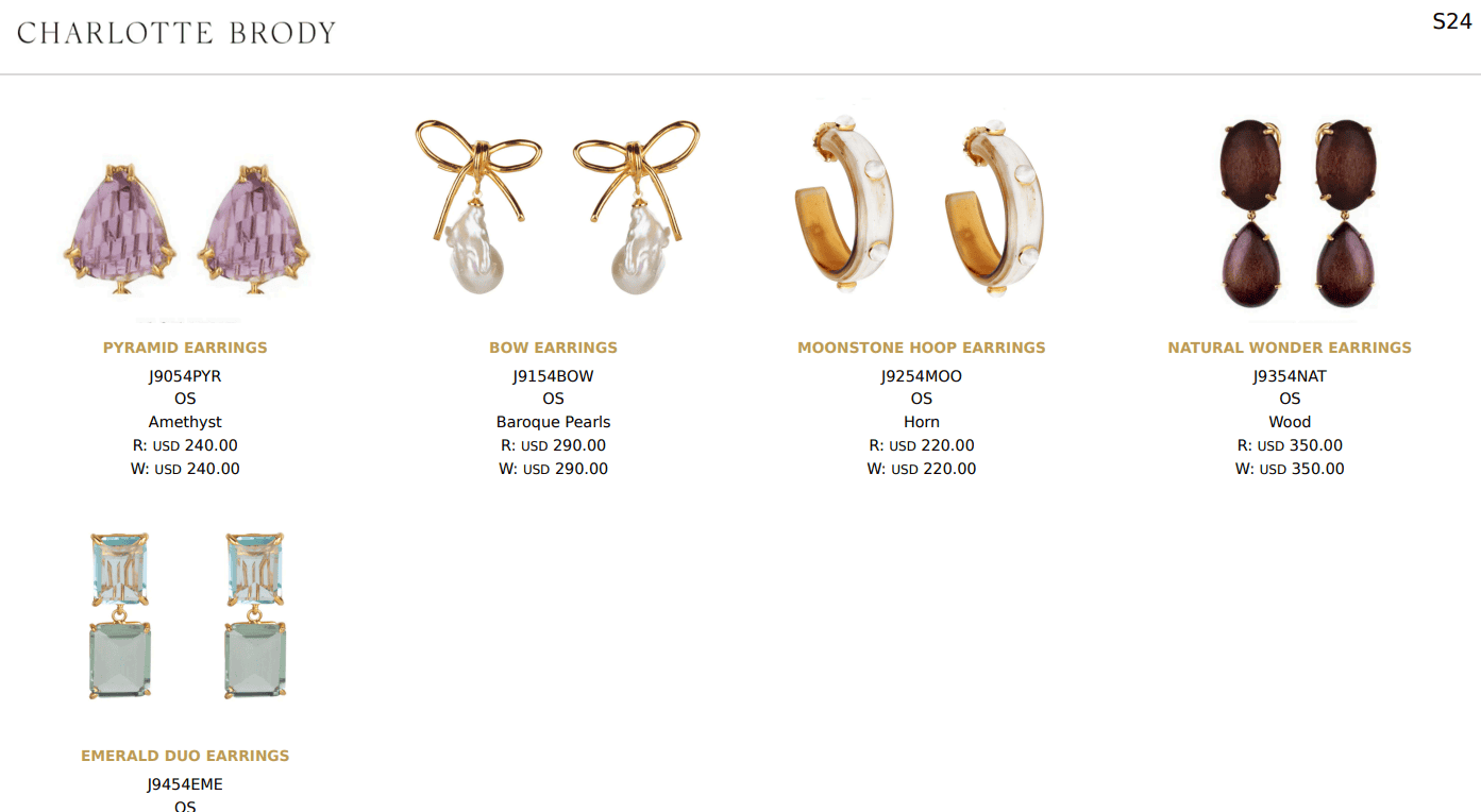 jewelry linesheet